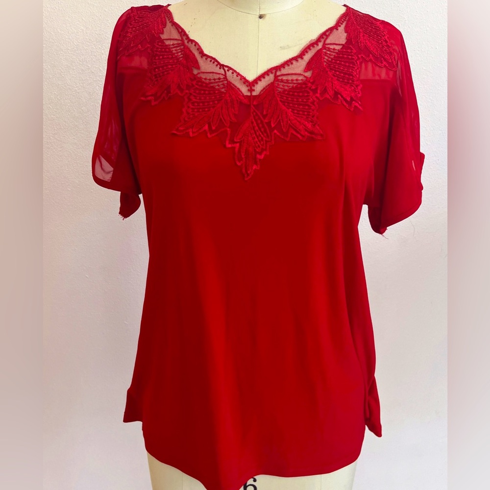 Emma & Olive - Pre-Owned Red top with see-through shoulder and back yoke. Size M